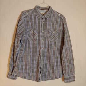 EUC Paper Denim & Cloth Mens Button Front Shirt Blue Gray Plaid Long Sleeves XL